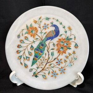 Pietra Dura Marble 9" Plate With Peacock & Floral Inlay Vintage Decor 1970s